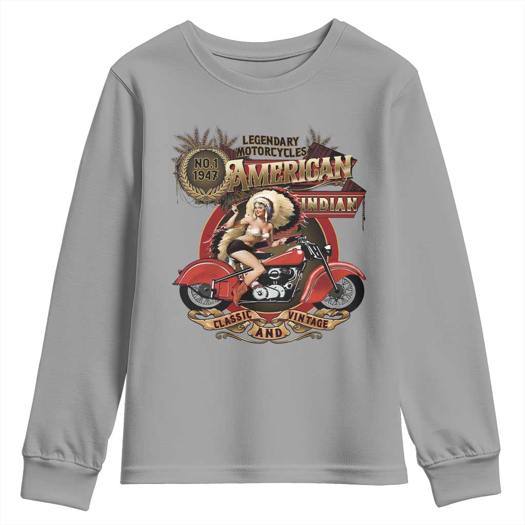 Native American Rider Youth Sweatshirt American Indian Legendary Motorcycle Vintage Pin Up Girl TS11 Sport Gray Print Your Wear