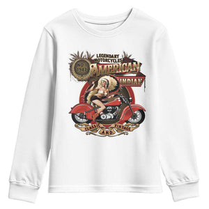 Native American Rider Youth Sweatshirt American Indian Legendary Motorcycle Vintage Pin Up Girl TS11 White Print Your Wear
