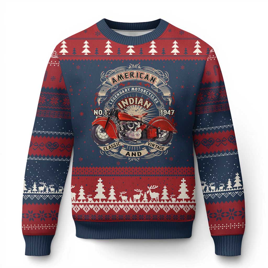 Native American Rider Ugly Christmas Sweater American Indian Legendary Motorcycle Vintage Biker TS11 Navy Red Print Your Wear