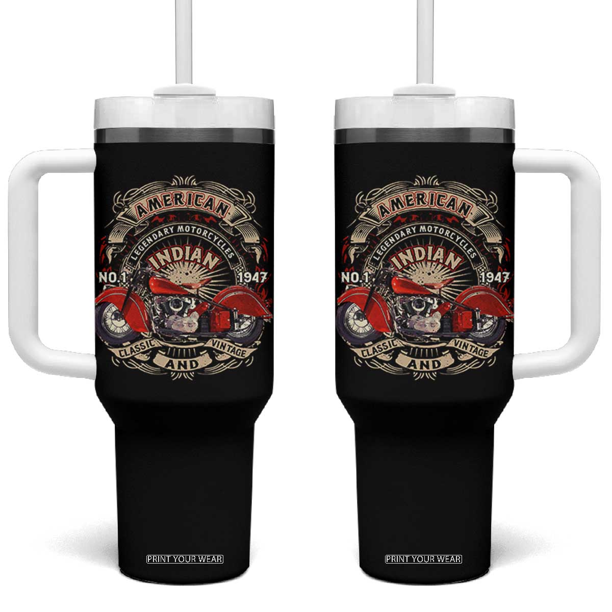 Native American Rider Tumbler With Handle American Indian Legendary Motorcycle Vintage Biker TS11 One Size: 40 oz Black Print Your Wear
