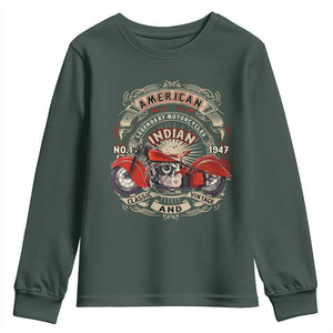 Native American Rider Youth Sweatshirt American Indian Legendary Motorcycle Vintage Biker TS11 Dark Forest Green Print Your Wear