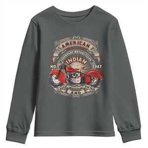 Native American Rider Youth Sweatshirt American Indian Legendary Motorcycle Vintage Biker TS11 Dark Heather Print Your Wear