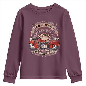Native American Rider Youth Sweatshirt American Indian Legendary Motorcycle Vintage Biker TS11 Maroon Print Your Wear
