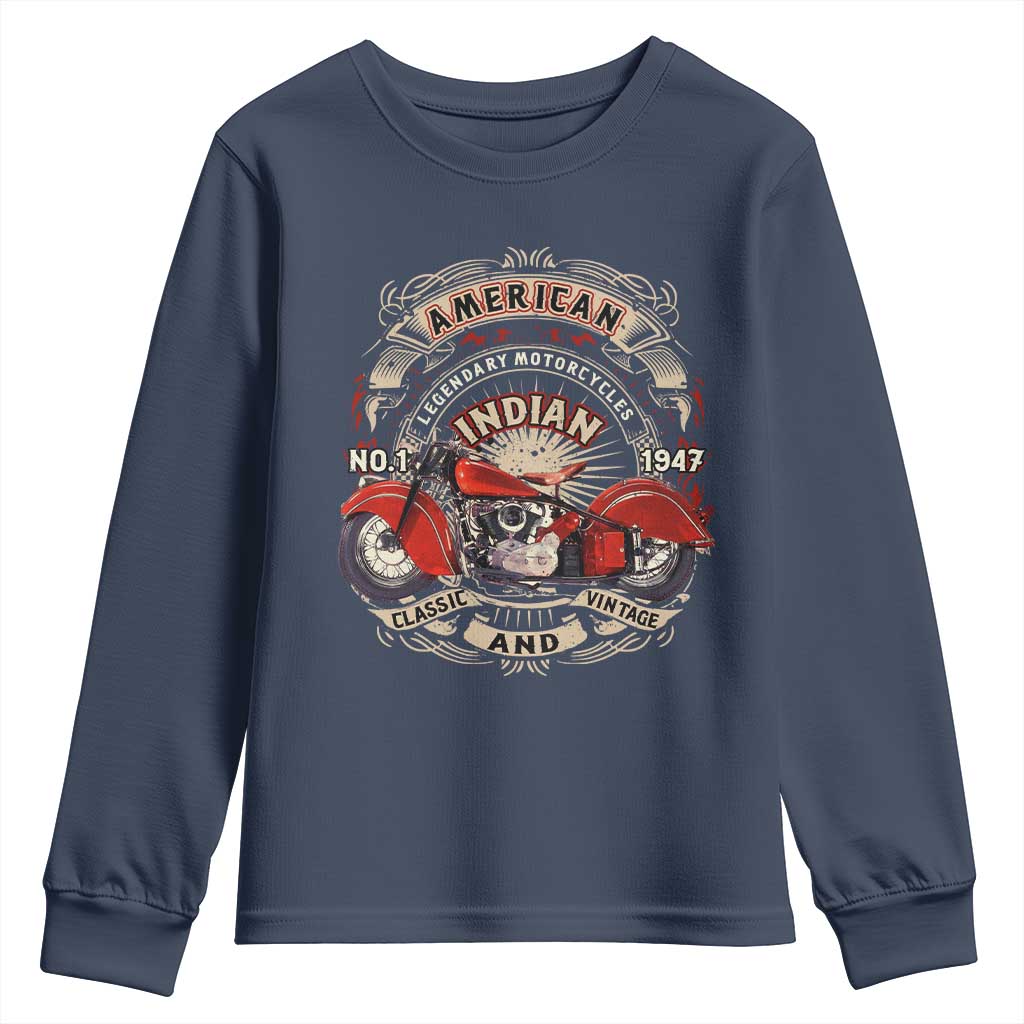 Native American Rider Youth Sweatshirt American Indian Legendary Motorcycle Vintage Biker TS11 Navy Print Your Wear