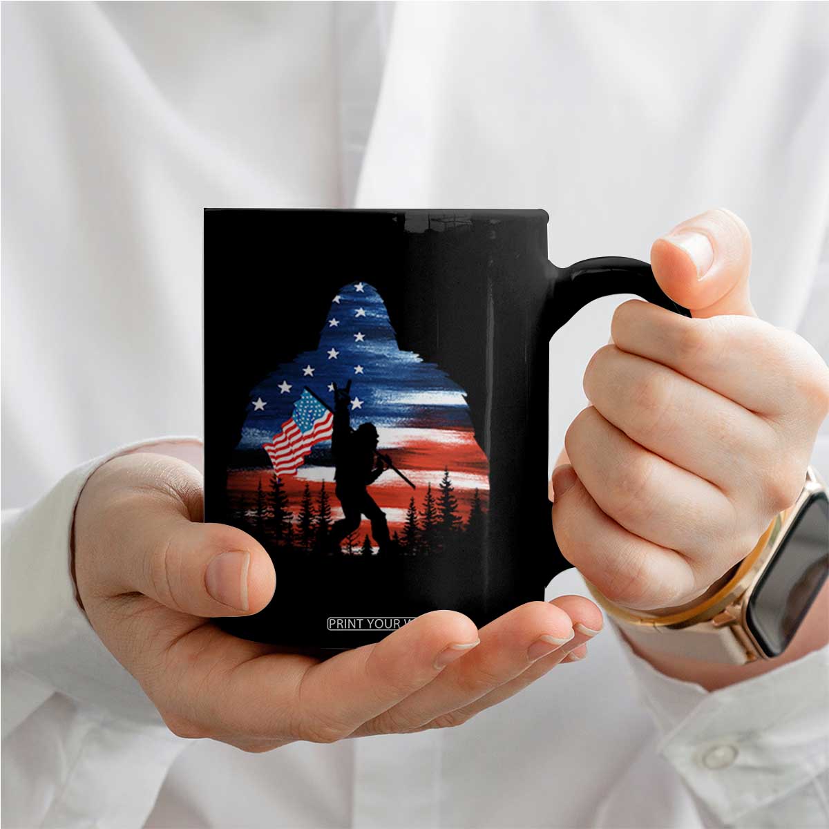 Funny Bigfoot Night Stroll American Flag Coffee Mug Patriotic 4th July TS11 Print Your Wear