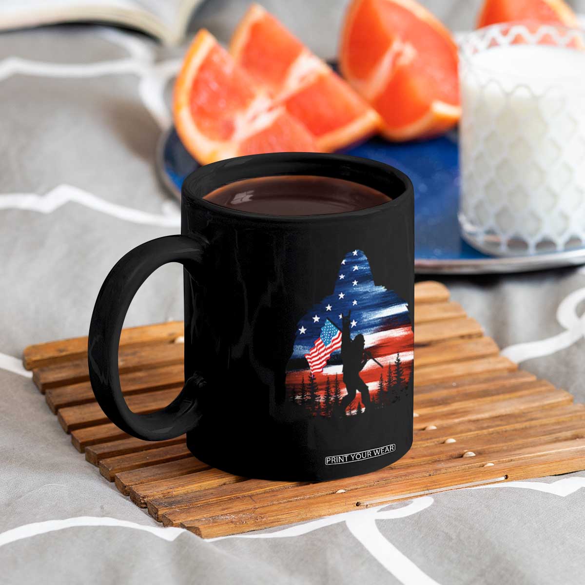 Funny Bigfoot Night Stroll American Flag Coffee Mug Patriotic 4th July TS11 Print Your Wear
