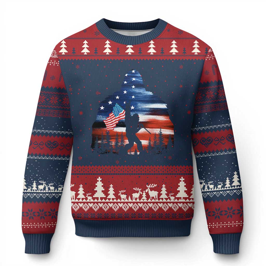 Funny Bigfoot Night Stroll American Flag Ugly Christmas Sweater Patriotic 4th July - Print Your Wear