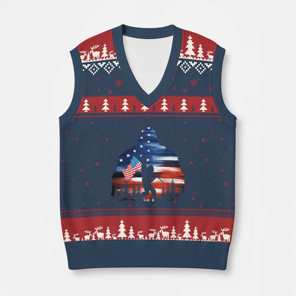 Funny Bigfoot Night Stroll American Flag V-Neck Knit Sweater Vest Patriotic 4th July - Print Your Wear