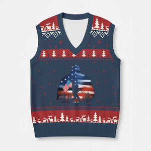 Funny Bigfoot Night Stroll American Flag V-Neck Knit Sweater Vest Patriotic 4th July - Print Your Wear