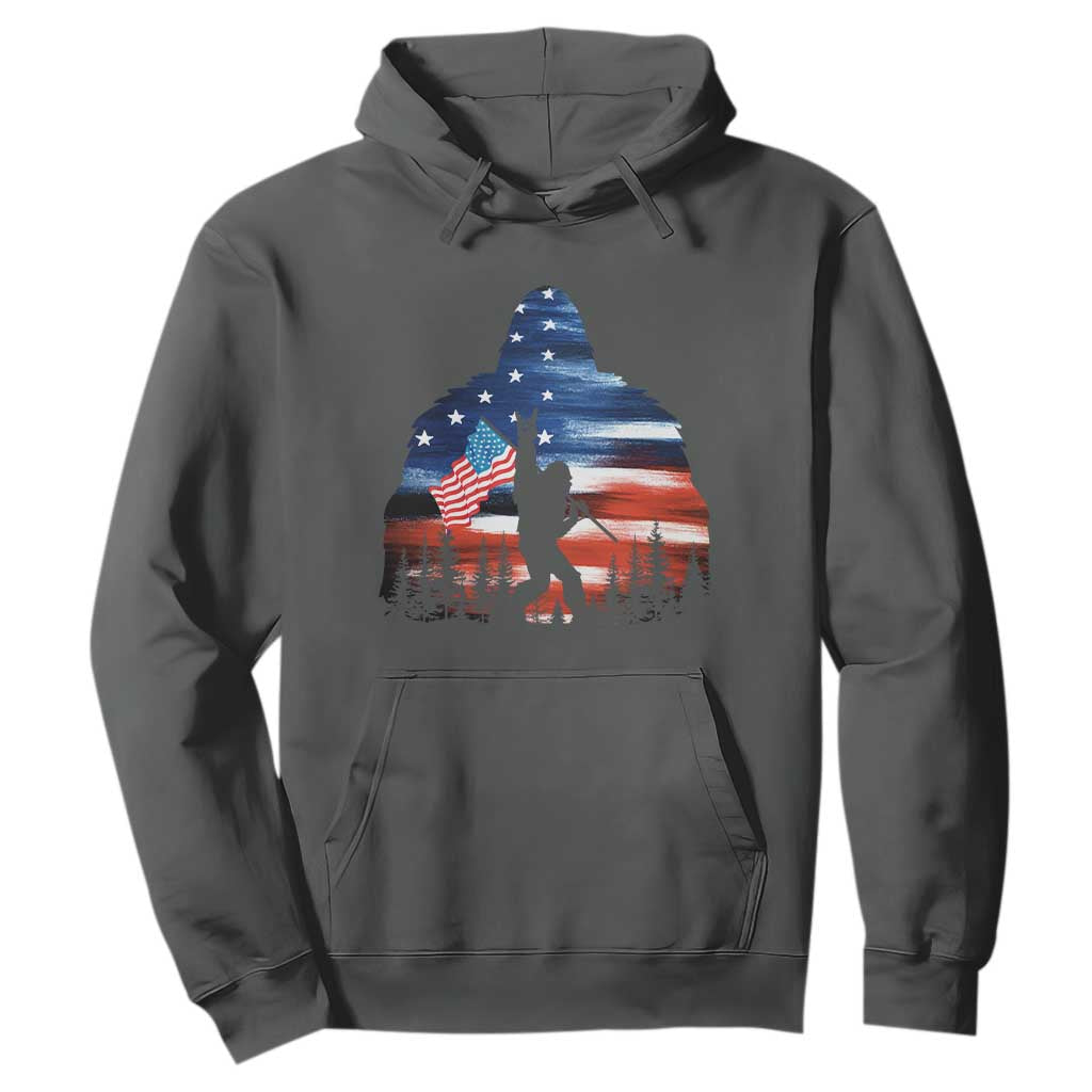 Funny Bigfoot Night Stroll American Flag Hoodie Patriotic 4th July TS11 Dark Heather Print Your Wear