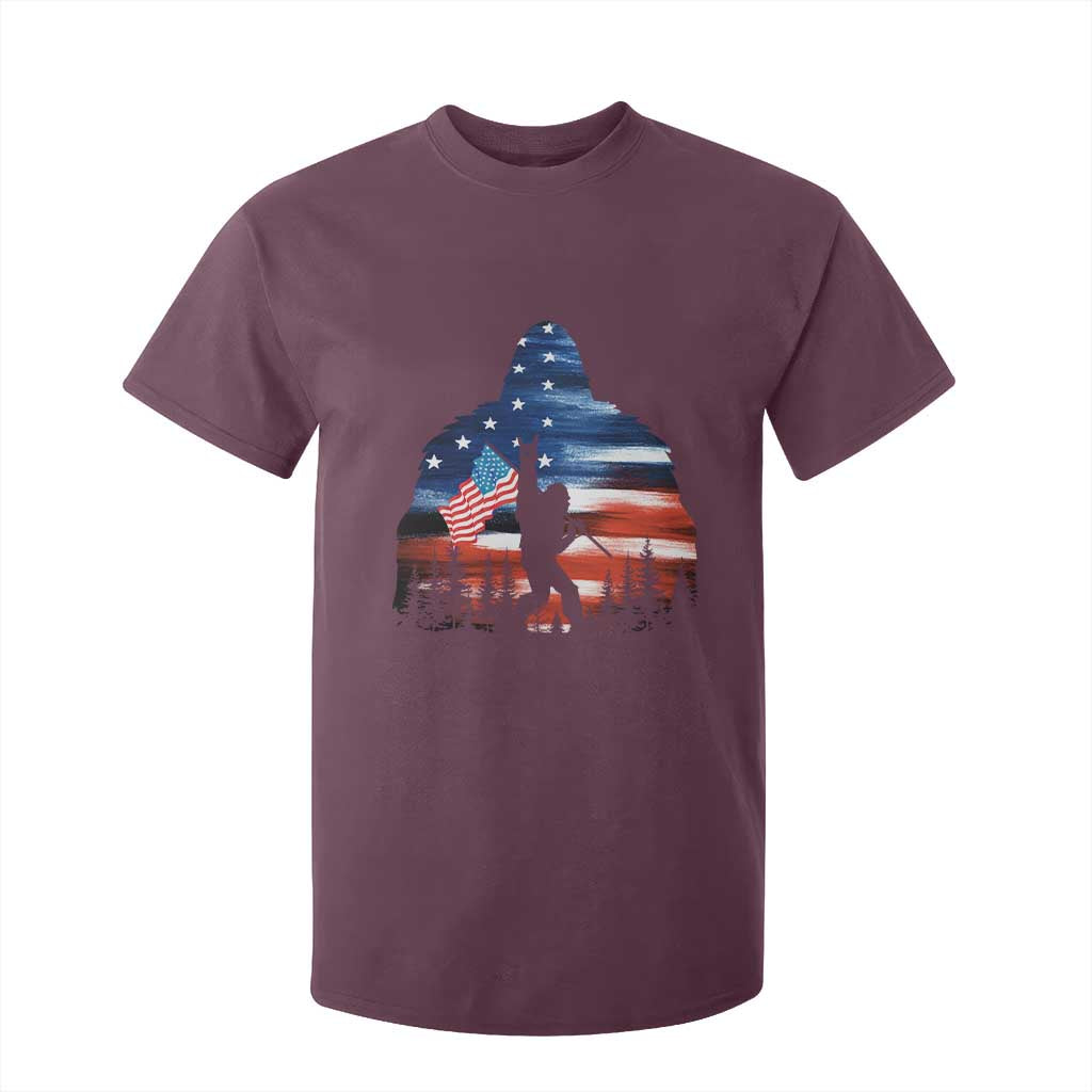Funny Bigfoot Night Stroll American Flag T Shirt For Kid Patriotic 4th July TS11 Maroon Print Your Wear