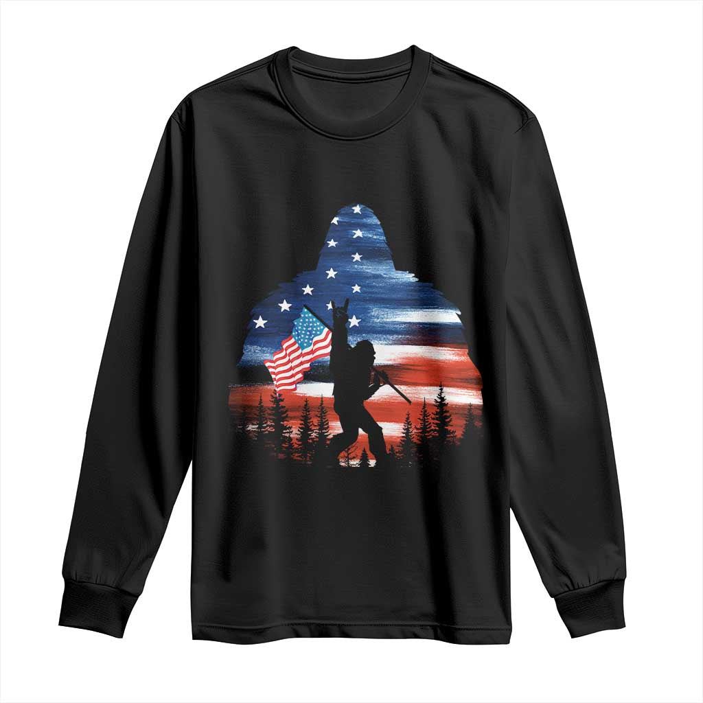 Funny Bigfoot Night Stroll American Flag Long Sleeve Shirt Patriotic 4th July TS11 Black Print Your Wear