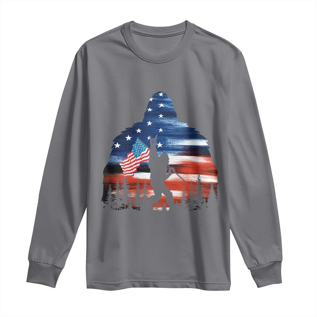 Funny Bigfoot Night Stroll American Flag Long Sleeve Shirt Patriotic 4th July TS11 Charcoal Print Your Wear