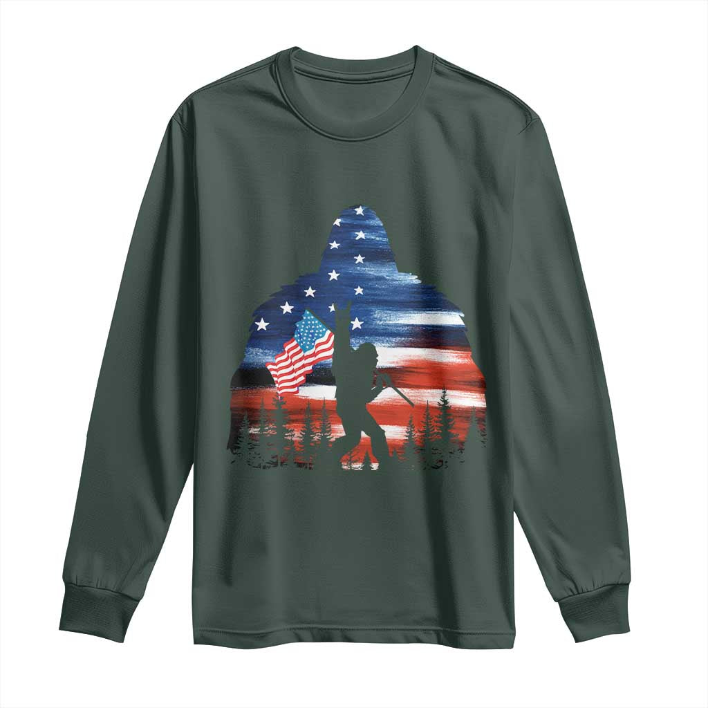 Funny Bigfoot Night Stroll American Flag Long Sleeve Shirt Patriotic 4th July TS11 Dark Forest Green Print Your Wear