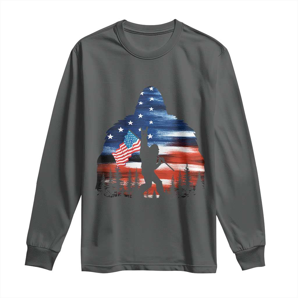 Funny Bigfoot Night Stroll American Flag Long Sleeve Shirt Patriotic 4th July TS11 Dark Heather Print Your Wear