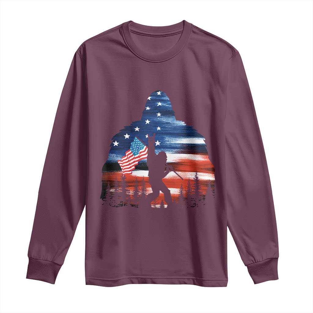 Funny Bigfoot Night Stroll American Flag Long Sleeve Shirt Patriotic 4th July TS11 Maroon Print Your Wear