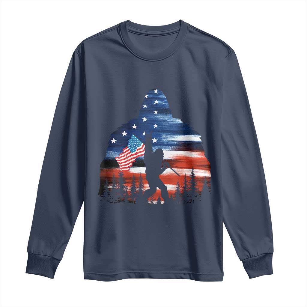 Funny Bigfoot Night Stroll American Flag Long Sleeve Shirt Patriotic 4th July TS11 Navy Print Your Wear