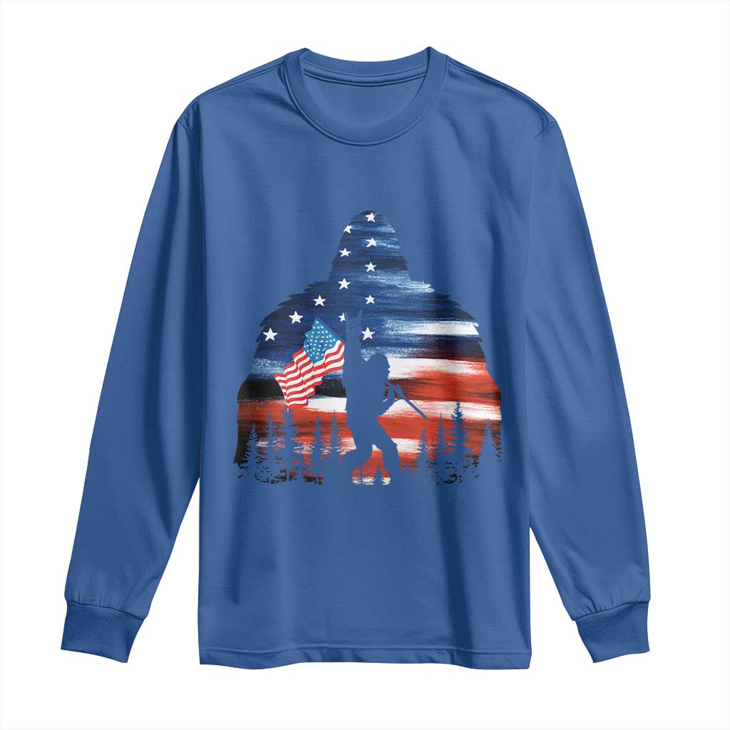 Funny Bigfoot Night Stroll American Flag Long Sleeve Shirt Patriotic 4th July TS11 Royal Blue Print Your Wear