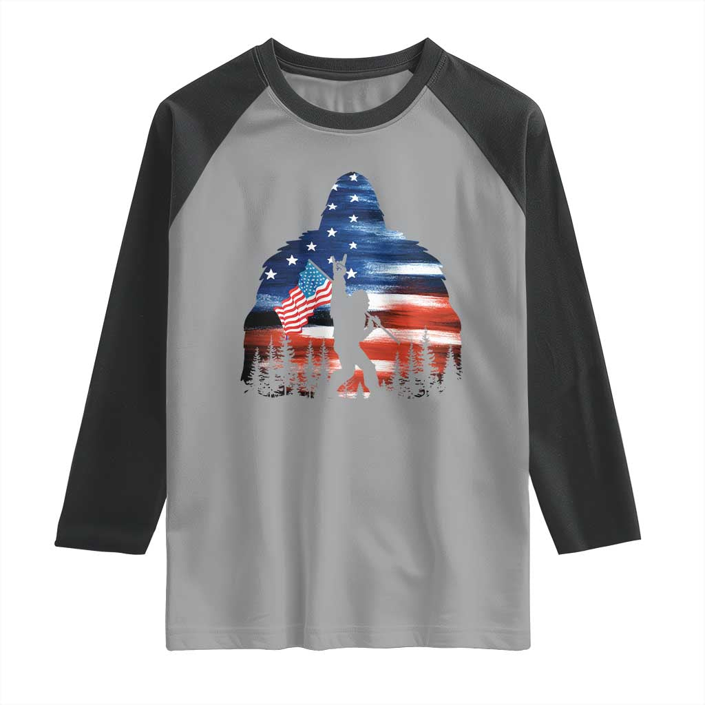 Funny Bigfoot Night Stroll American Flag Raglan Shirt Patriotic 4th July TS11 Sport Gray Black Print Your Wear
