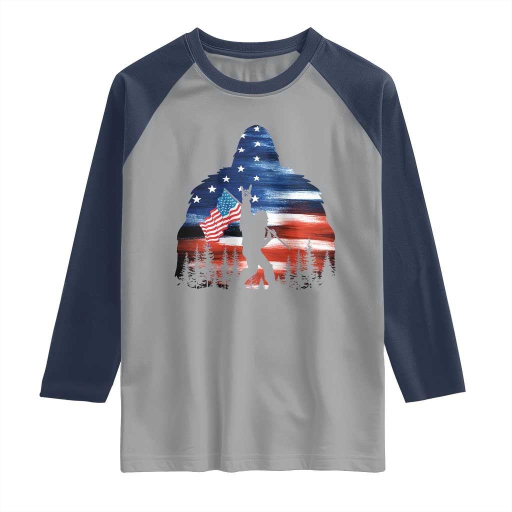 Funny Bigfoot Night Stroll American Flag Raglan Shirt Patriotic 4th July TS11 Sport Gray Navy Print Your Wear