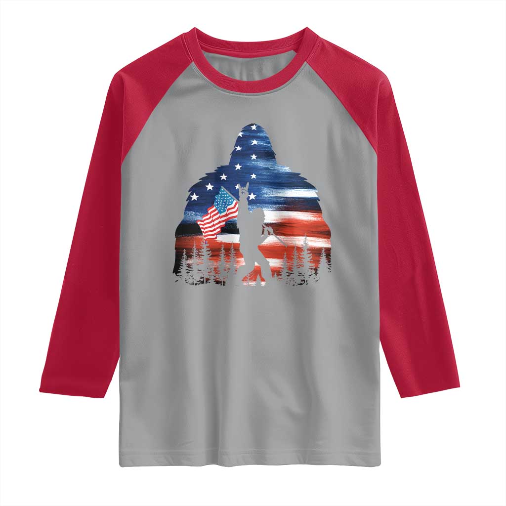 Funny Bigfoot Night Stroll American Flag Raglan Shirt Patriotic 4th July TS11 Sport Gray Red Print Your Wear