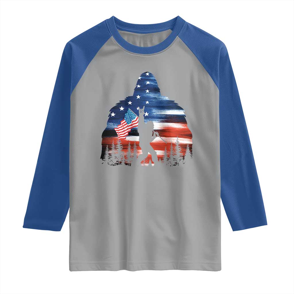 Funny Bigfoot Night Stroll American Flag Raglan Shirt Patriotic 4th July TS11 Sport Gray Royal Print Your Wear