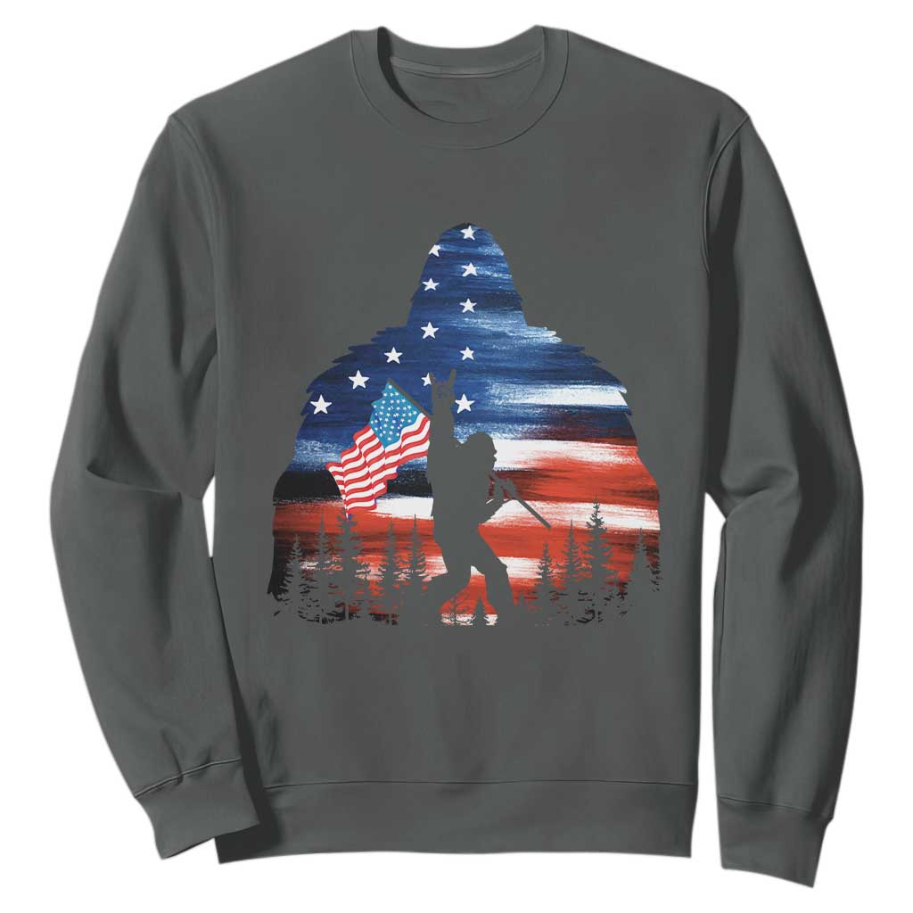 Funny Bigfoot Night Stroll American Flag Sweatshirt Patriotic 4th July TS11 Dark Heather Print Your Wear