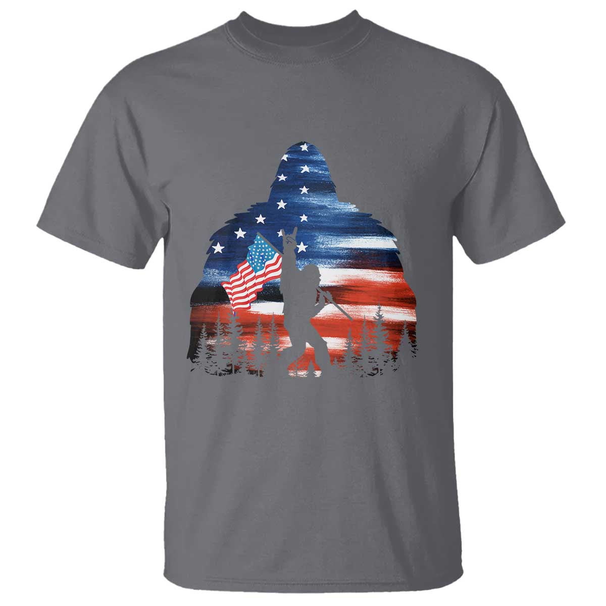 Funny Bigfoot Night Stroll American Flag T Shirt Patriotic 4th July TS11 Charcoal Print Your Wear