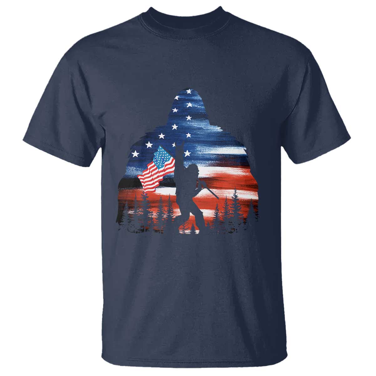 Funny Bigfoot Night Stroll American Flag T Shirt Patriotic 4th July TS11 Navy Print Your Wear
