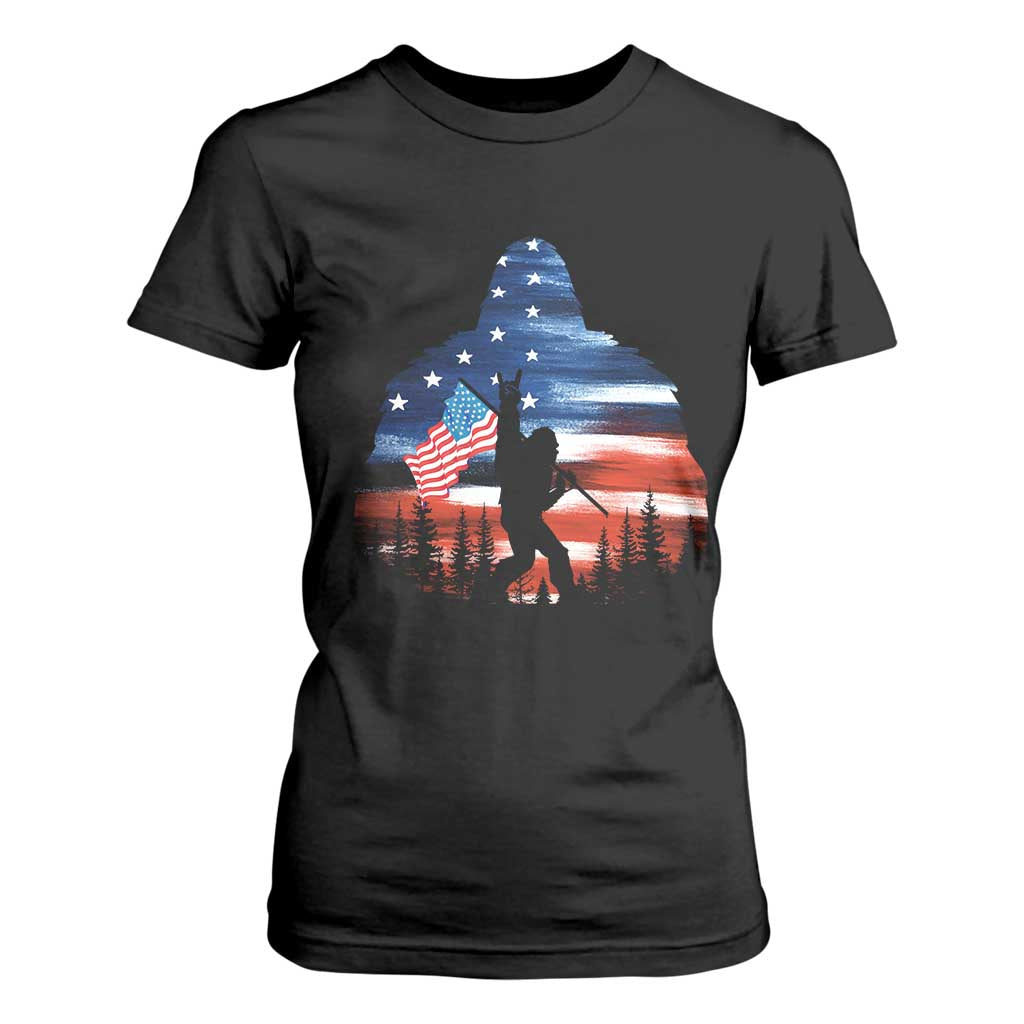 Funny Bigfoot Night Stroll American Flag T Shirt For Women Patriotic 4th July TS11 Black Print Your Wear