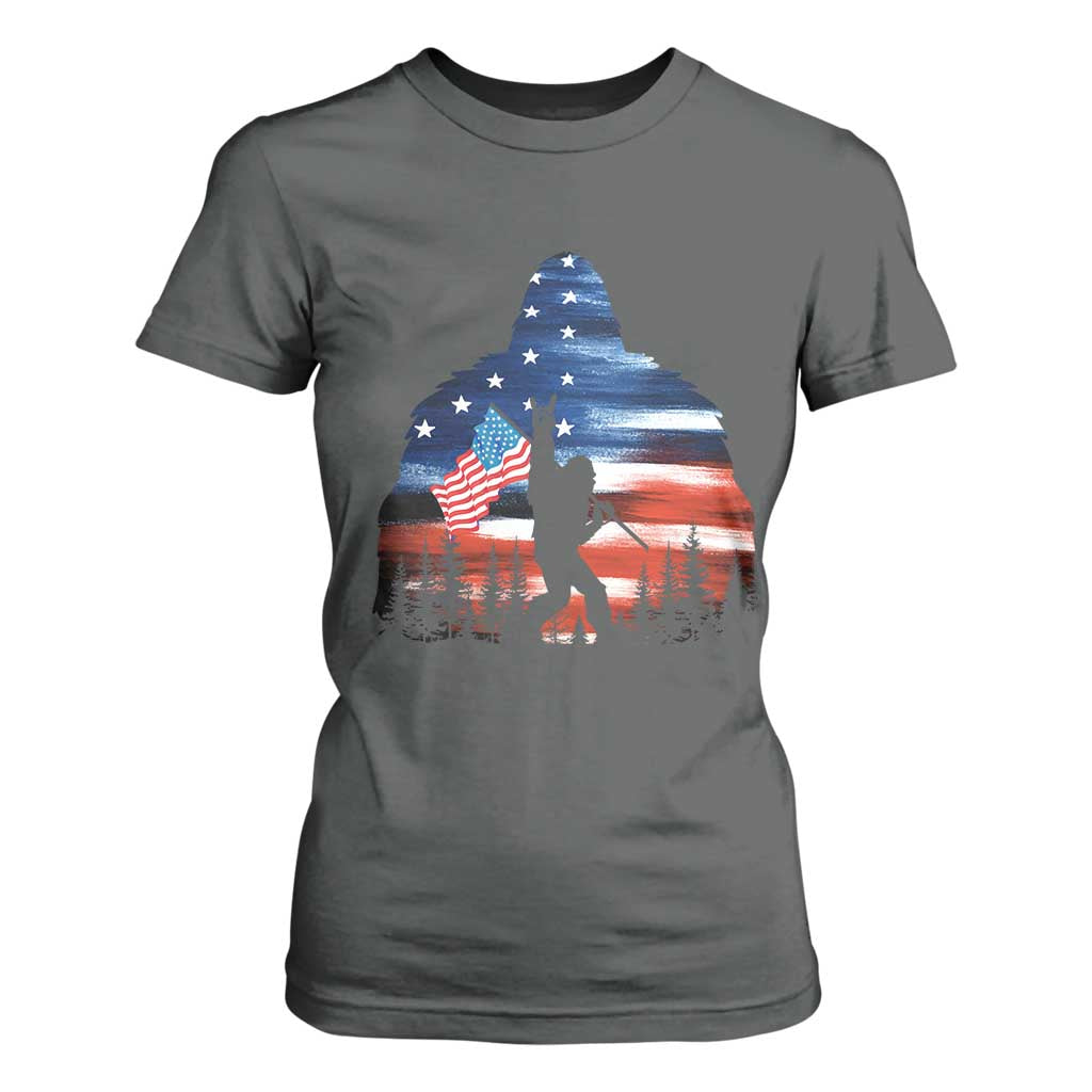 Funny Bigfoot Night Stroll American Flag T Shirt For Women Patriotic 4th July TS11 Dark Heather Print Your Wear