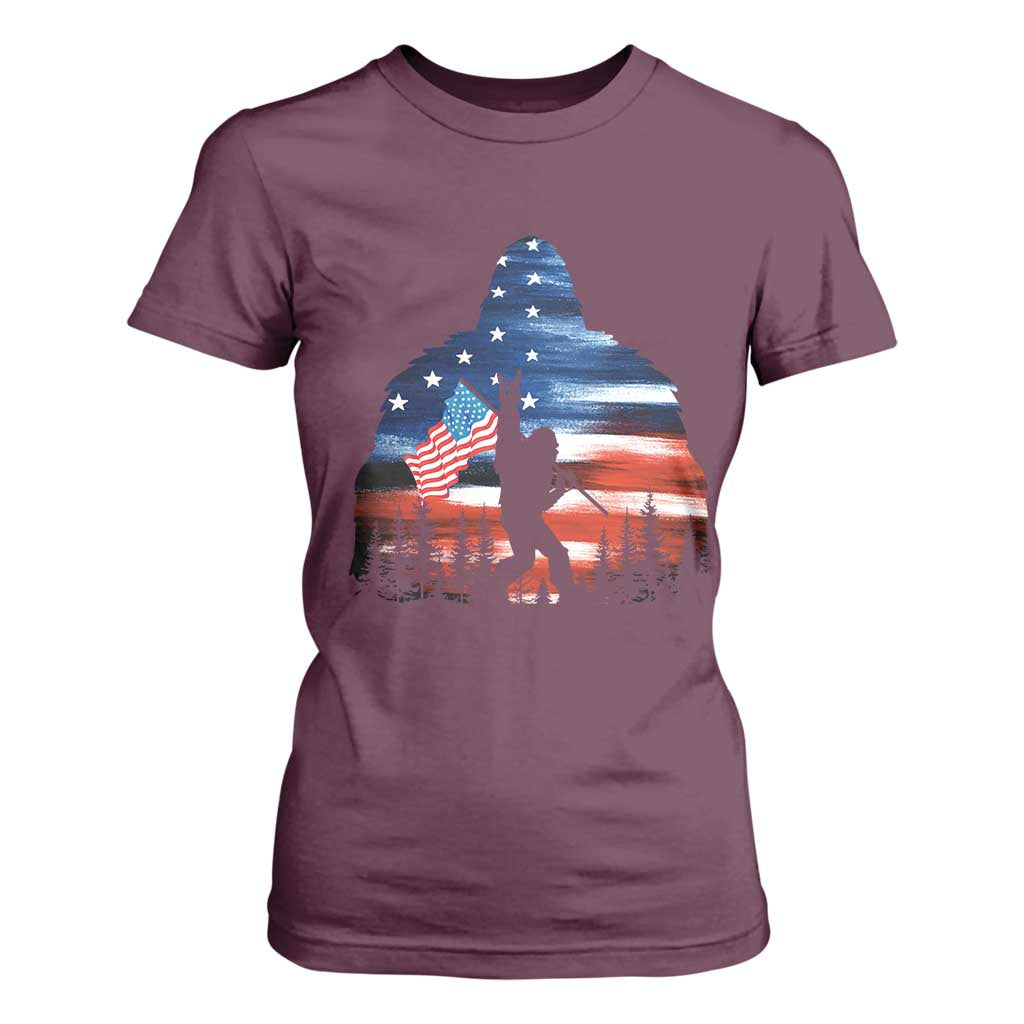 Funny Bigfoot Night Stroll American Flag T Shirt For Women Patriotic 4th July TS11 Maroon Print Your Wear