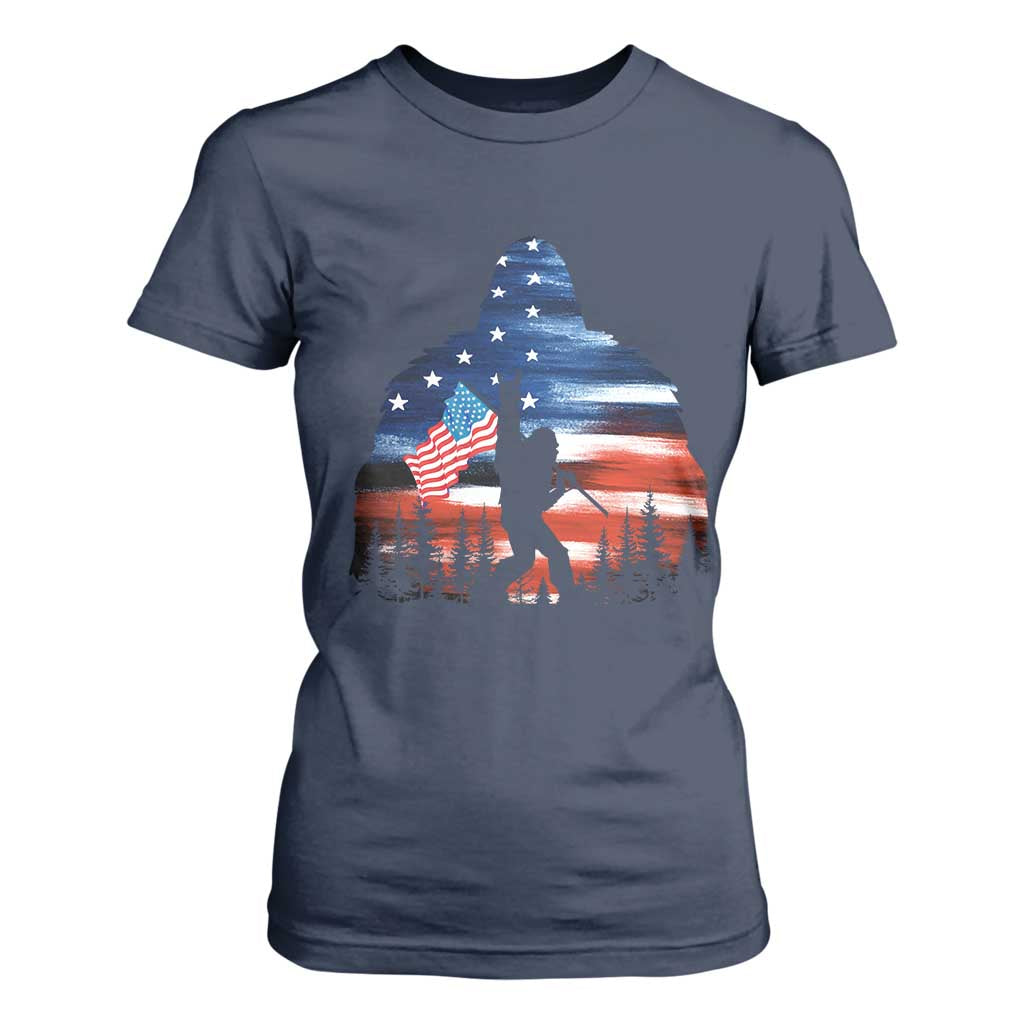 Funny Bigfoot Night Stroll American Flag T Shirt For Women Patriotic 4th July TS11 Navy Print Your Wear