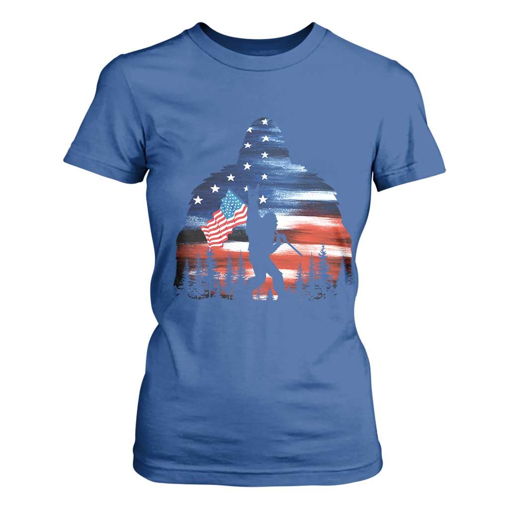 Funny Bigfoot Night Stroll American Flag T Shirt For Women Patriotic 4th July TS11 Royal Blue Print Your Wear