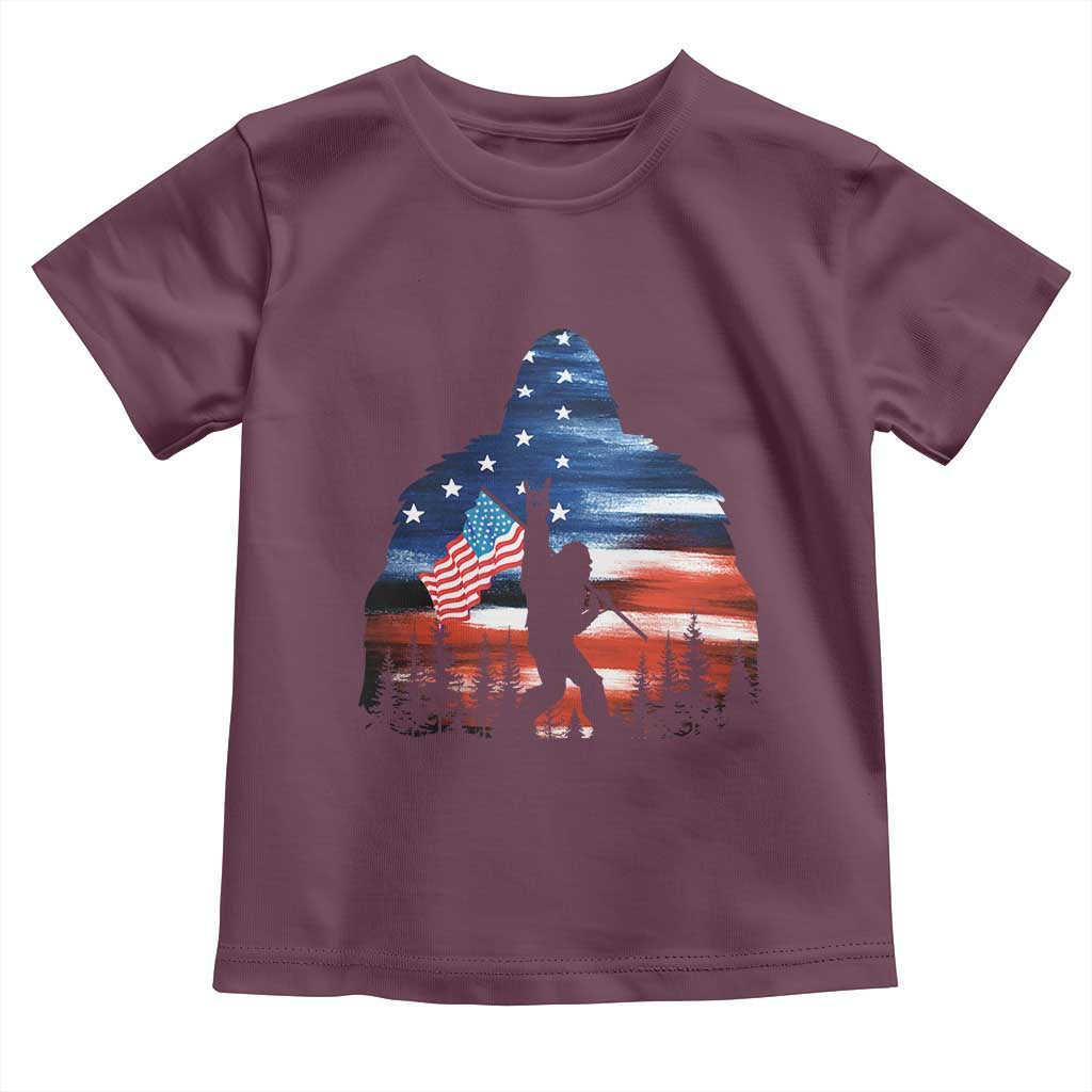 Funny Bigfoot Night Stroll American Flag Toddler T Shirt Patriotic 4th July TS11 Maroon Print Your Wear