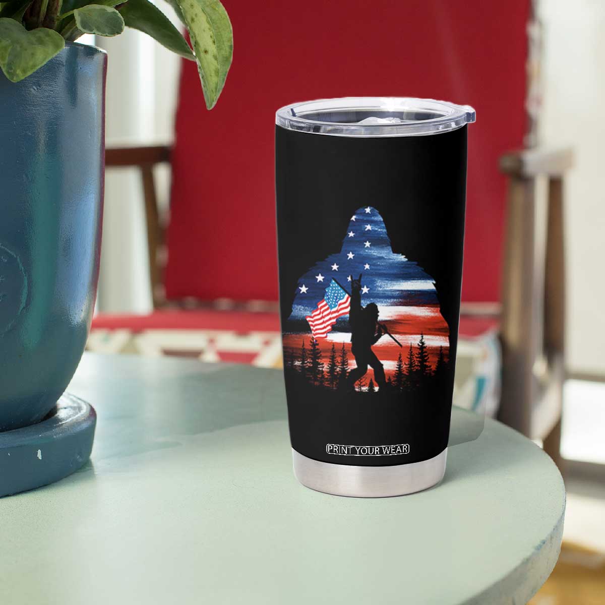 Funny Bigfoot Night Stroll American Flag Tumbler Cup Patriotic 4th July TS11 Print Your Wear