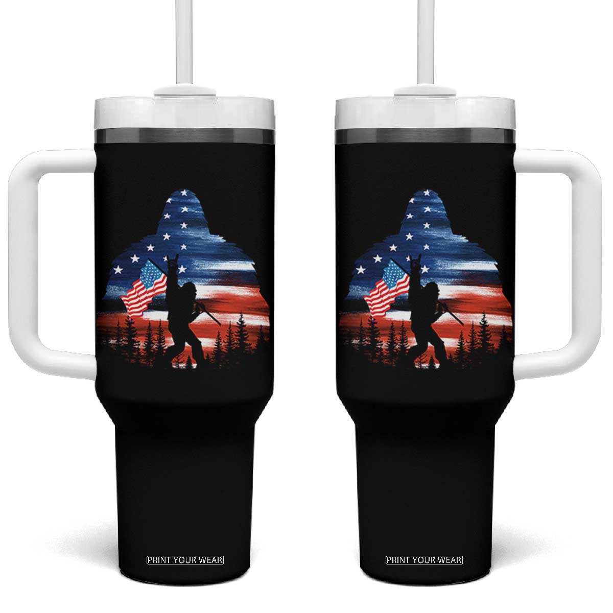 Funny Bigfoot Night Stroll American Flag Tumbler With Handle Patriotic 4th July TS11 One Size: 40 oz Black Print Your Wear
