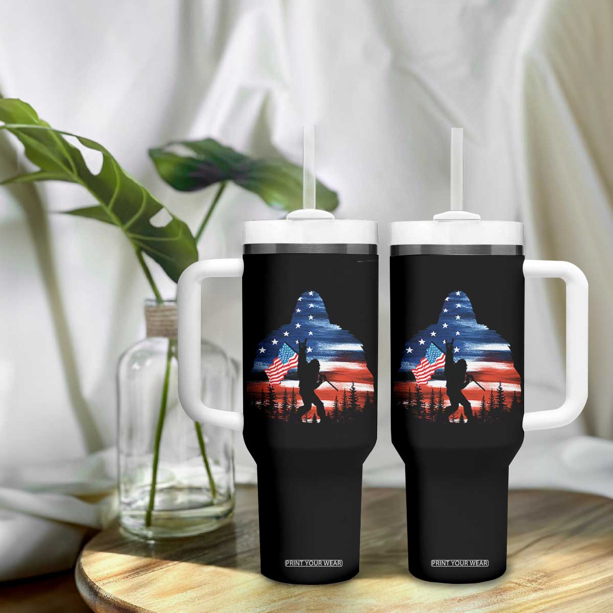 Funny Bigfoot Night Stroll American Flag Tumbler With Handle Patriotic 4th July TS11 Print Your Wear