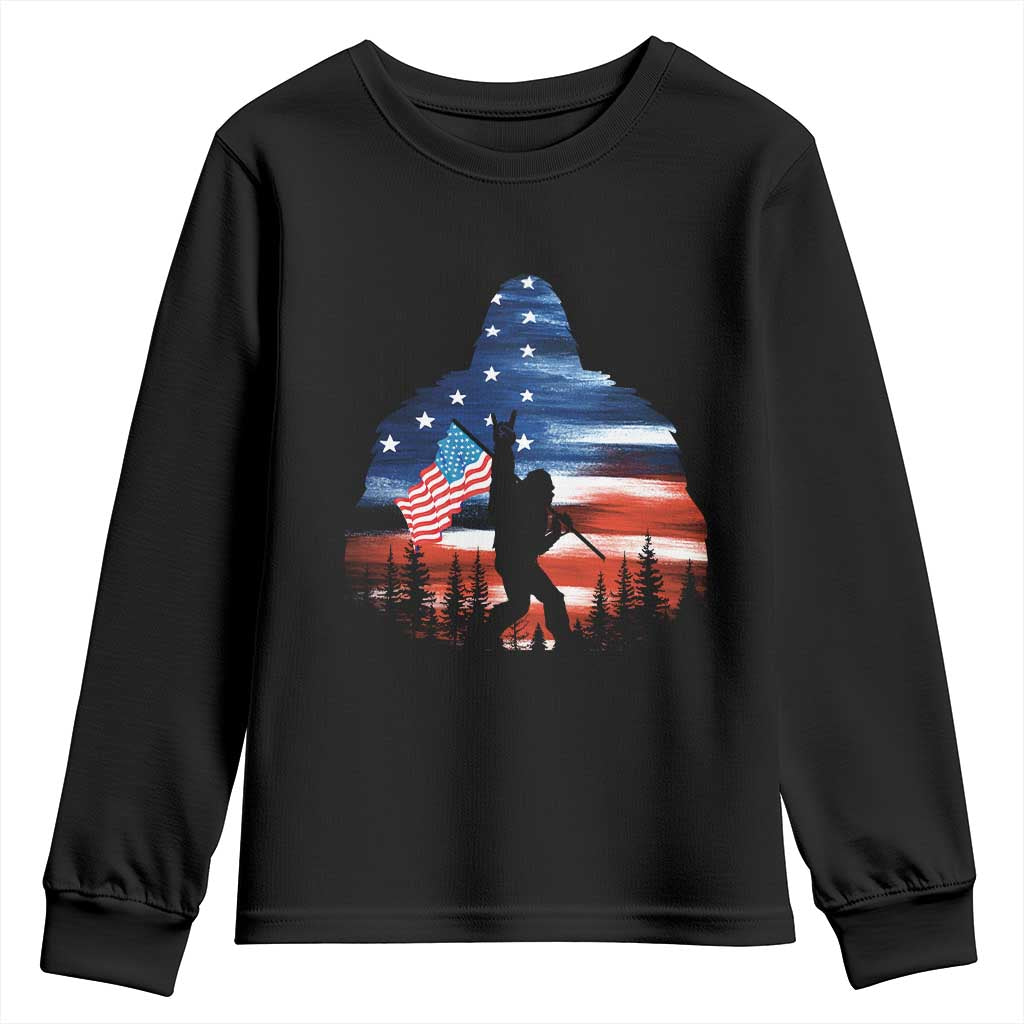 Funny Bigfoot Night Stroll American Flag Youth Sweatshirt Patriotic 4th July TS11 Black Print Your Wear