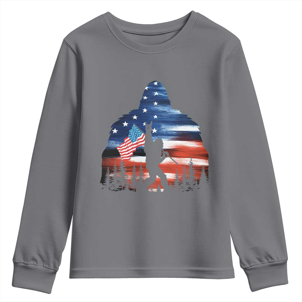 Funny Bigfoot Night Stroll American Flag Youth Sweatshirt Patriotic 4th July TS11 Charcoal Print Your Wear