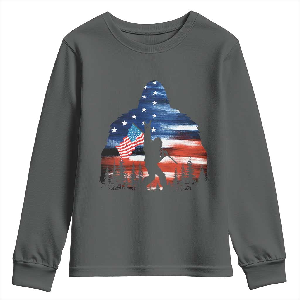 Funny Bigfoot Night Stroll American Flag Youth Sweatshirt Patriotic 4th July TS11 Dark Heather Print Your Wear