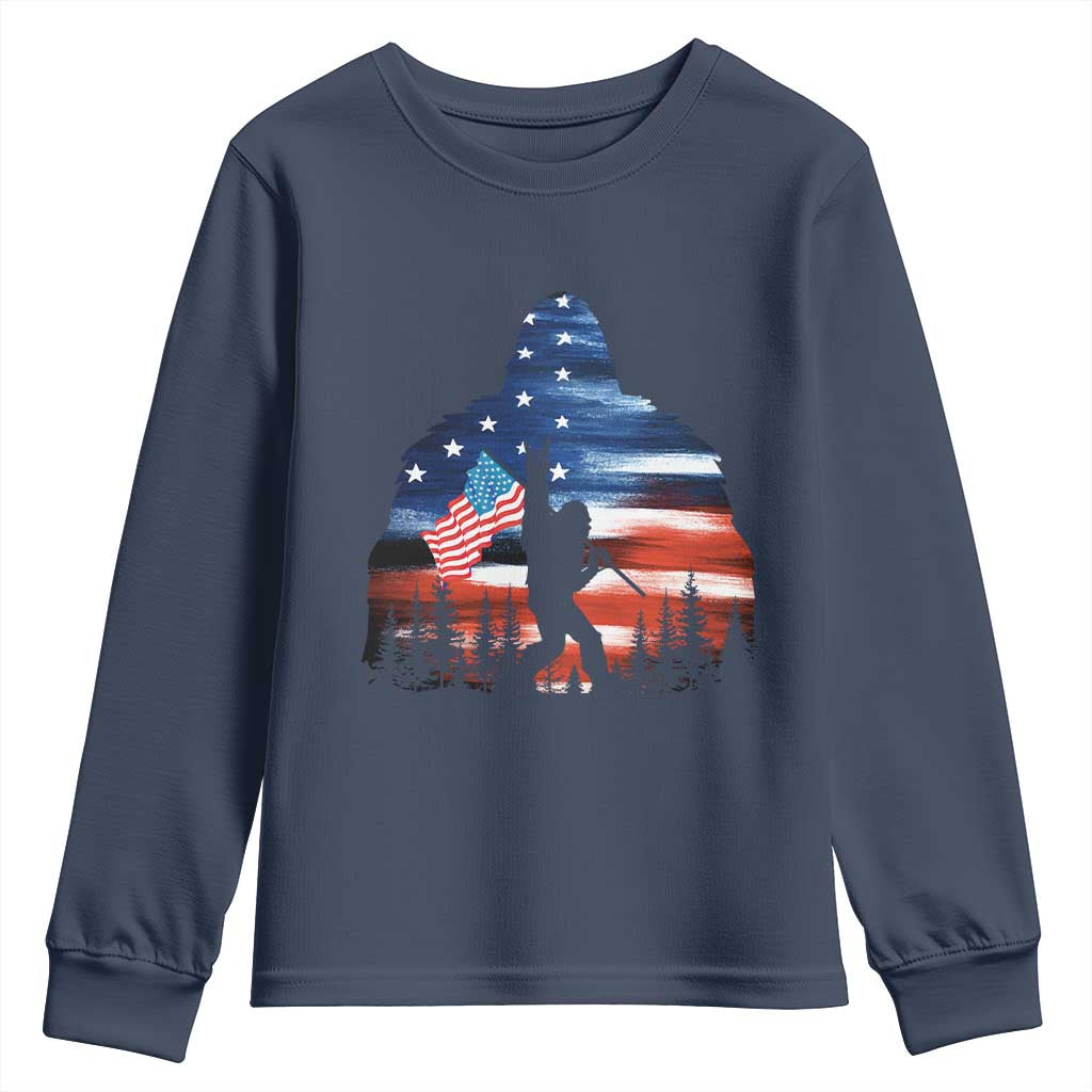 Funny Bigfoot Night Stroll American Flag Youth Sweatshirt Patriotic 4th July TS11 Navy Print Your Wear