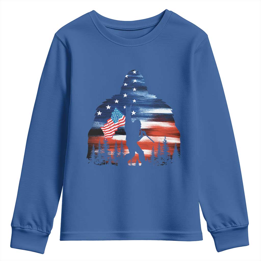 Funny Bigfoot Night Stroll American Flag Youth Sweatshirt Patriotic 4th July TS11 Royal Blue Print Your Wear
