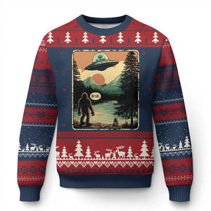 Funny Bigfoot Sasquatch Alien Spaceship UFO Introvert Bruh Ugly Christmas Sweater TS11 Navy Red Print Your Wear