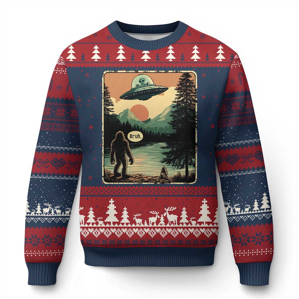 Funny Bigfoot Sasquatch Alien Spaceship UFO Introvert Bruh Ugly Christmas Sweater TS11 Navy Red Print Your Wear