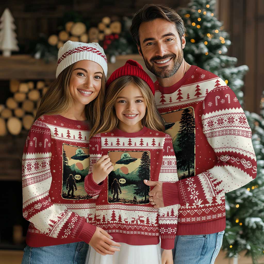 Funny Bigfoot Sasquatch Alien Spaceship UFO Introvert Bruh Ugly Christmas Sweater TS11 Red Beige Print Your Wear
