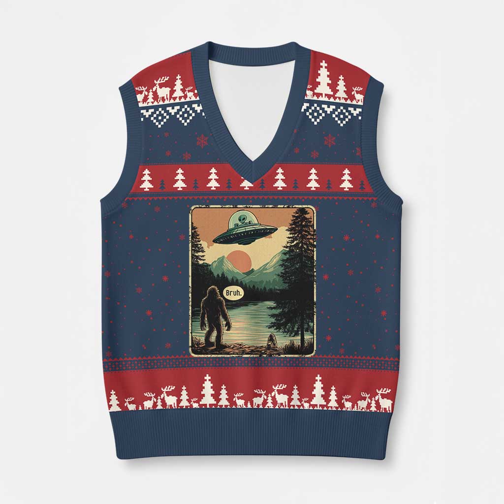 Funny Bigfoot Sasquatch Alien Spaceship UFO Introvert Bruh V-Neck Knit Sweater Vest TS11 Navy Red Print Your Wear