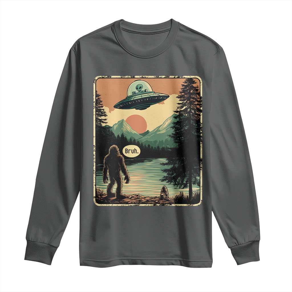 Funny Bigfoot Sasquatch Alien Spaceship UFO Introvert Bruh Long Sleeve Shirt TS11 Dark Heather Print Your Wear