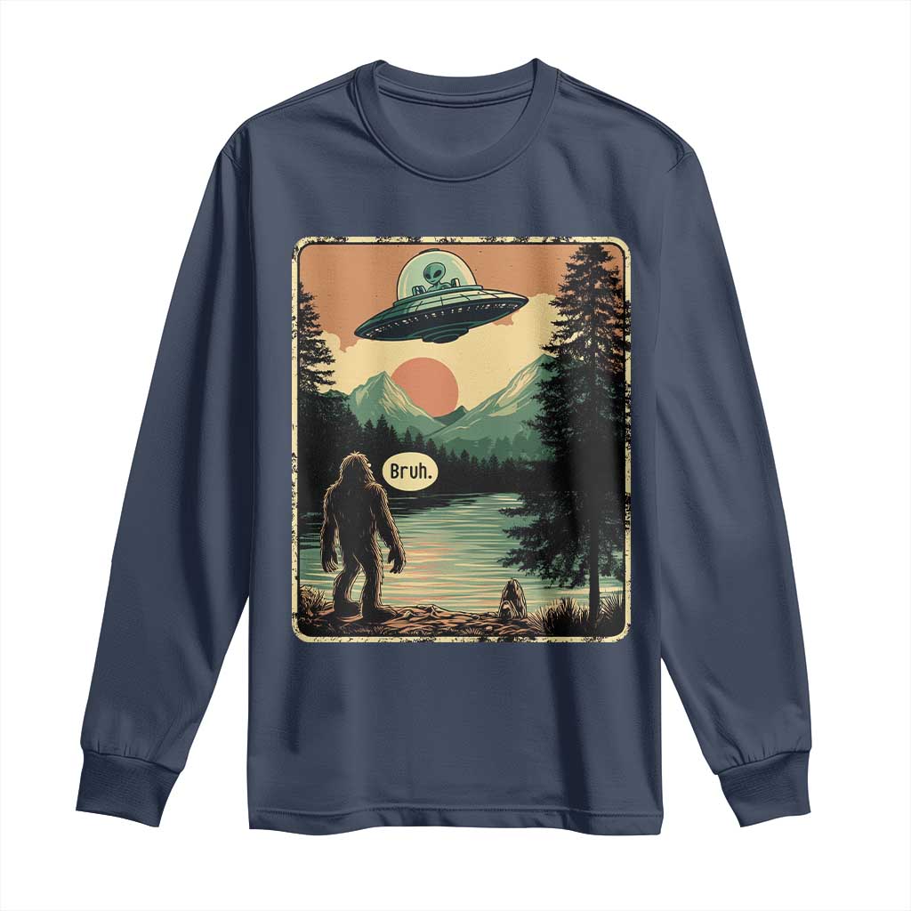 Funny Bigfoot Sasquatch Alien Spaceship UFO Introvert Bruh Long Sleeve Shirt TS11 Navy Print Your Wear