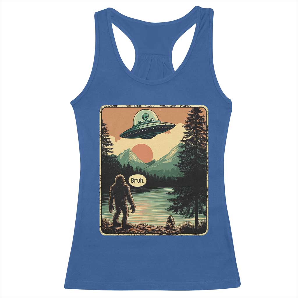 Funny Bigfoot Sasquatch Alien Spaceship UFO Introvert Bruh Racerback Tank Top TS11 Royal Blue Print Your Wear